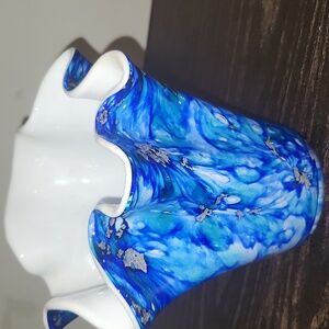 Alicja Poland Fluted Art Glass Handkerchief Vase Blue Silver